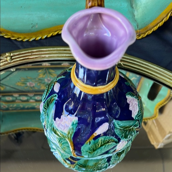 Hand-Painted Blue Ceramic Pitcher with Floral Design - Picture 4 of 6